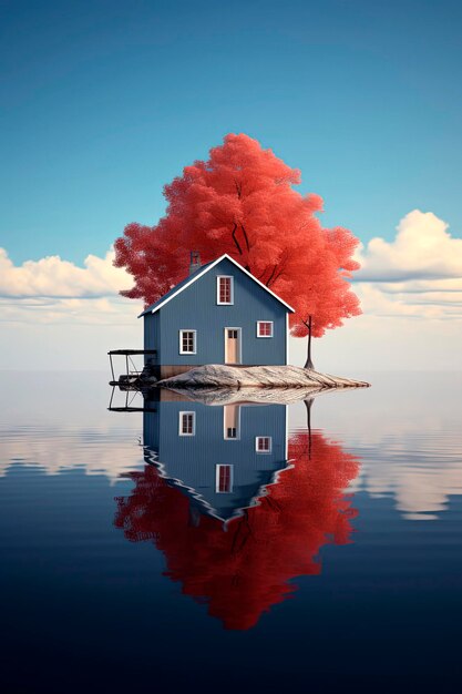 Генеративная AI-иллюстрация ландшафтного фона с красочным домом на озере скандинавских стран с зимой и холодными цветами Дикая природа