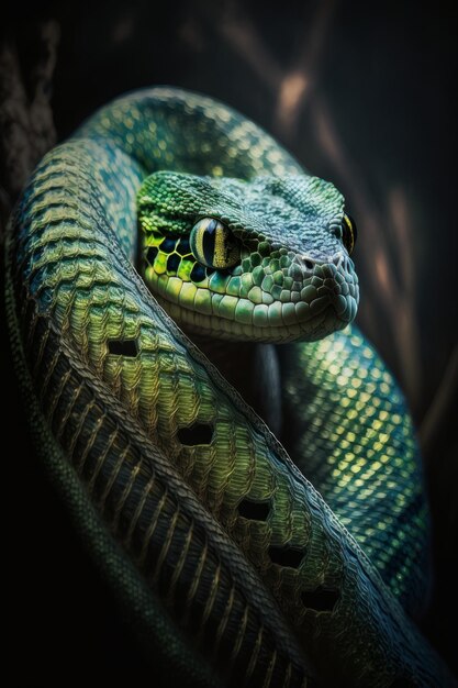 Photo generative ai illustration of large green python with long body and black spotted scales sitting on tree