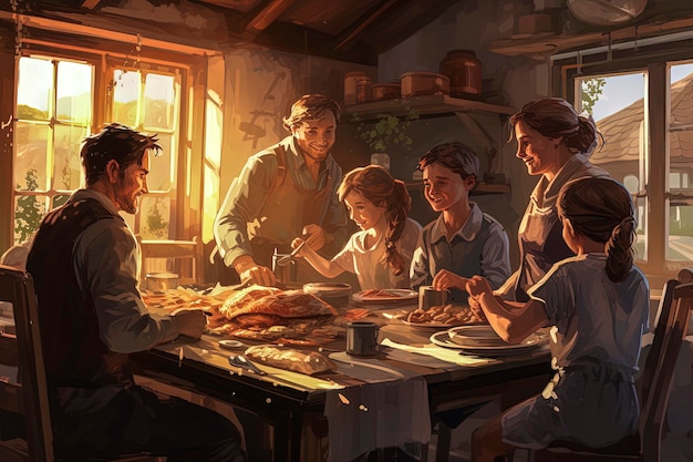 Generative AI illustration of large happy Caucasian family eating in the kitchen with rays of light coming through the window Concept of happiness