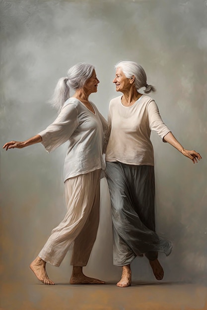 Generative AI illustration of lesbian old women couple dancing