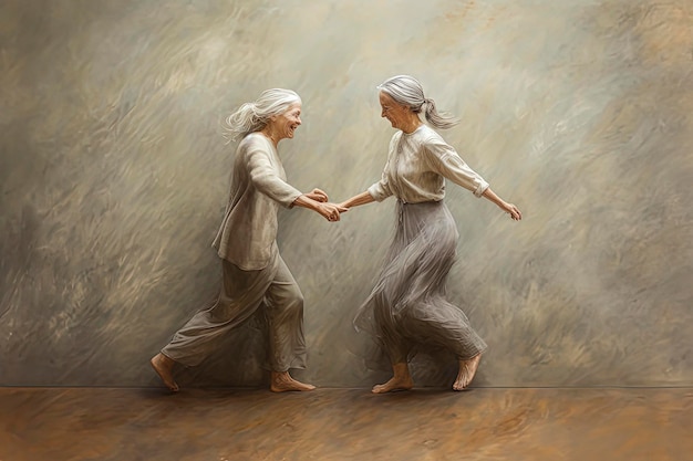 Generative AI illustration of lesbian old women couple dancing