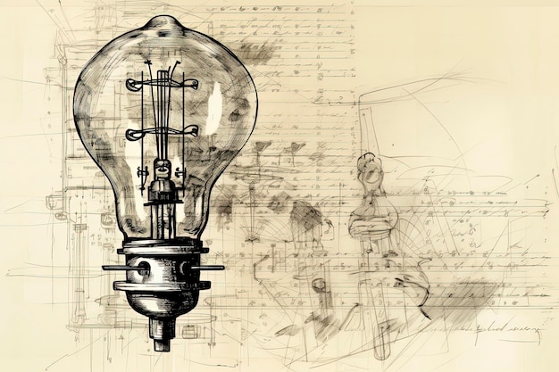 Photo generative ai illustration of light bulb connected to a cable in pencil drawing illustration style digital art