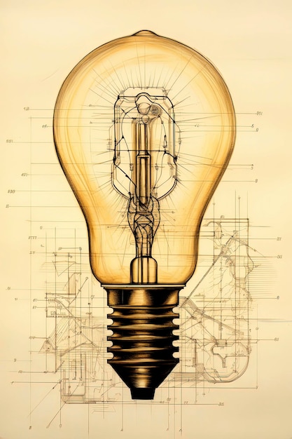 Foto illustrazione ai generativa di una lampadina collegata a un cavo in stile illustrazione disegno a matita arte digitale