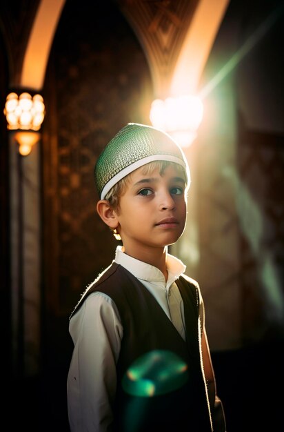 Генеративная искусственная иллюстрация маленького мальчика-мусульманина, играющего в мусульманском стиле в арабской мечети с лучами света, проникающими через окно