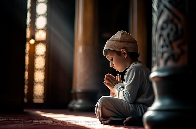 Generative AI illustration of a Little muslim boy is playing in muslim style in an arabic mosque with rays of light coming through a window