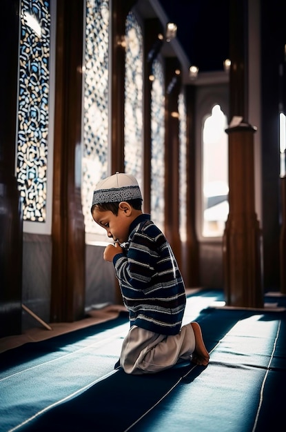 Generative AI illustration of a Little muslim boy is playing in muslim style in an arabic mosque with rays of light coming through a window