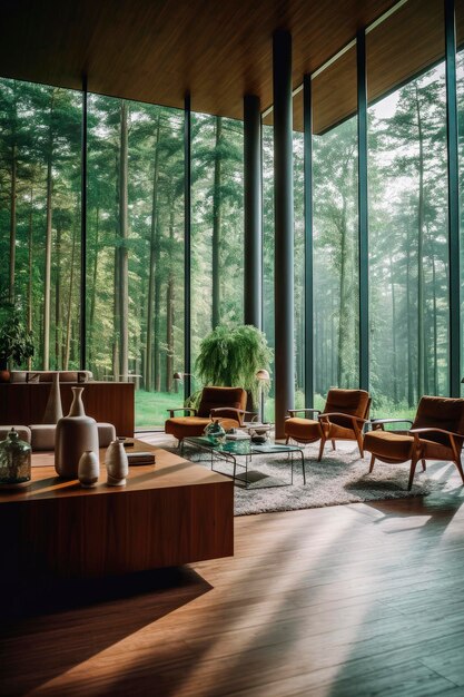 森を見下ろすガラス壁と北欧スタイルのリサイクル木製家具を備えたリビング ダイニング ルームの生成 AI イラスト