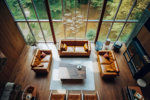Генеративный AI-иллюстратор гостиной-столовой с мебелью из переработанного дерева в скандинавском стиле и стеклянными стенами с видом на лес