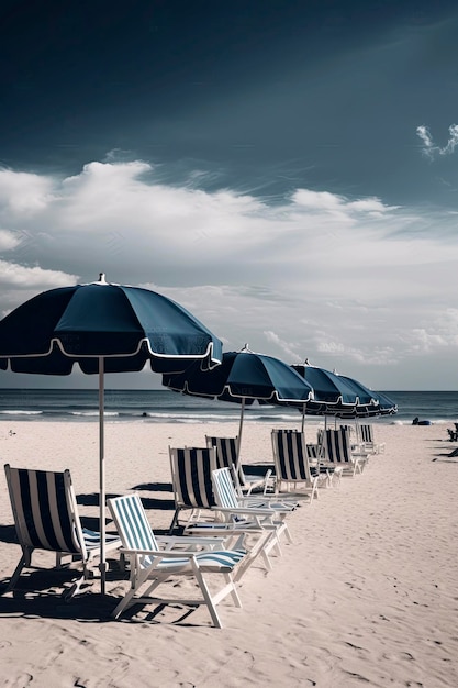 모래 위에 테이블과 의자 2개가 있는 해변의 외로운 우산에 대한 생성 AI 그림