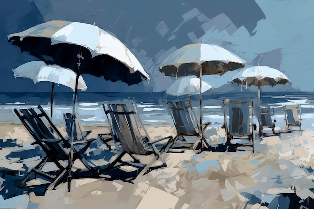 Generative AI illustration of Lonely umbrella on the beach with table on the sand and two chairs