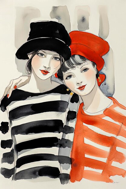 Generative AI illustration of loving lesbian couple with striped tshirt and hat in watercolor style LGBT conceptDigital art