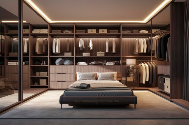 Generative AI illustration of luxurious modern walk in wardrobe with a rich dark mahogany wood grain finish full of fashion clothes organized in the closets Interior design