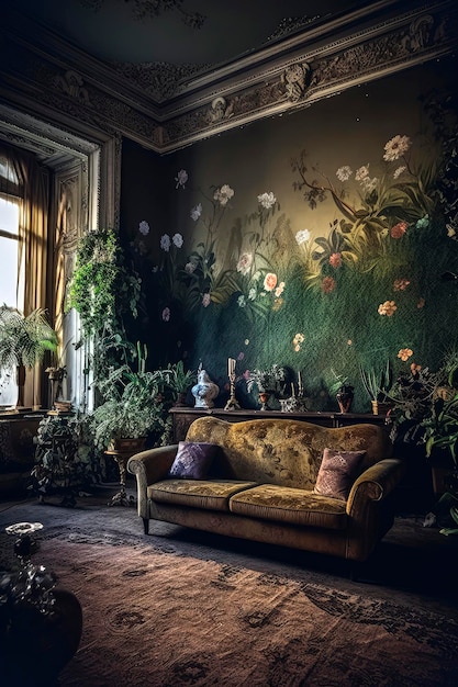 Generative AI illustration of Luxurious Rococo style dining room filled with green plants and artwork with antique furniture