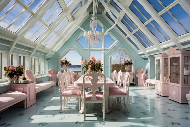 Photo generative ai illustration of luxurious very bright dining room decorated with pastel colors