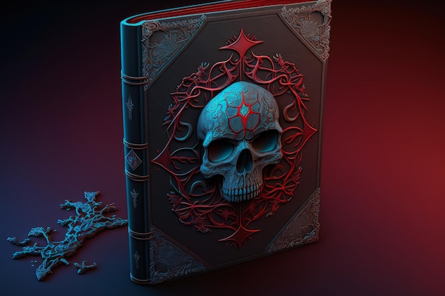 Generative AI illustration of magic book with skull Halloween concept background