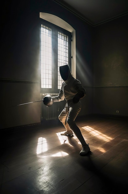 Generative AI illustration of man training fencing in a dark room with rays of light coming through a window