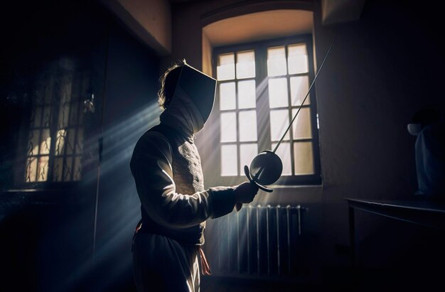 Generative AI illustration of man training fencing in a dark room with rays of light coming through a window