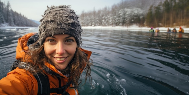 Generative ai illustration of a mature caucasian woman swimming on a icy lake in winter