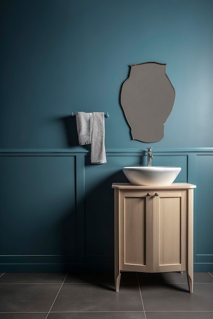 Generative AI illustration of minimalist bathroom with powdery colors walls birch plywood bathroom cabinet