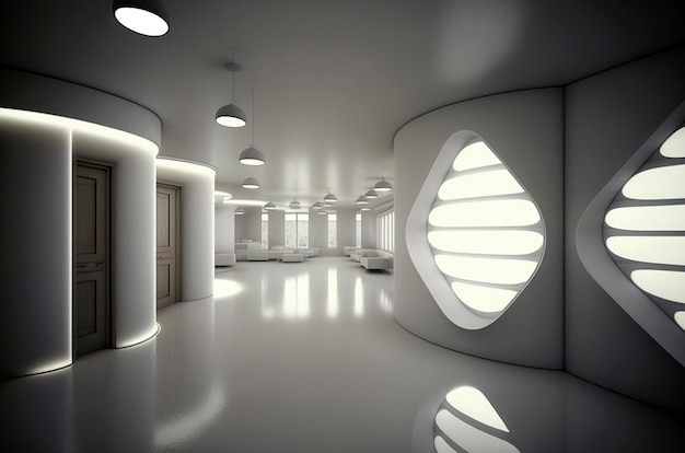 Generative AI illustration of minimalist office white futuristic feng shui zen