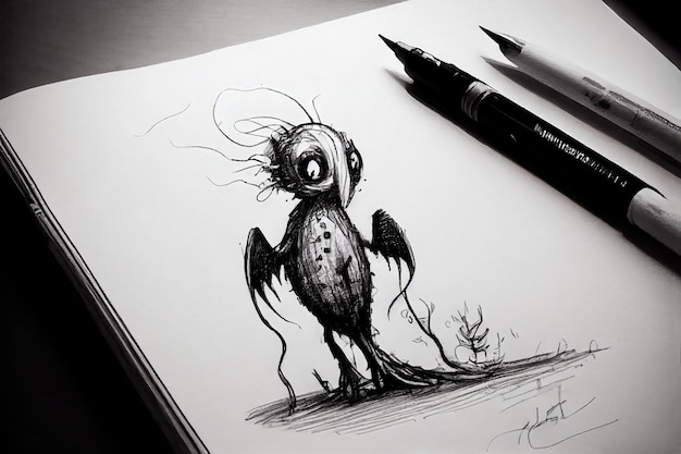 Generative AI illustration of monster in sketchbook with pens