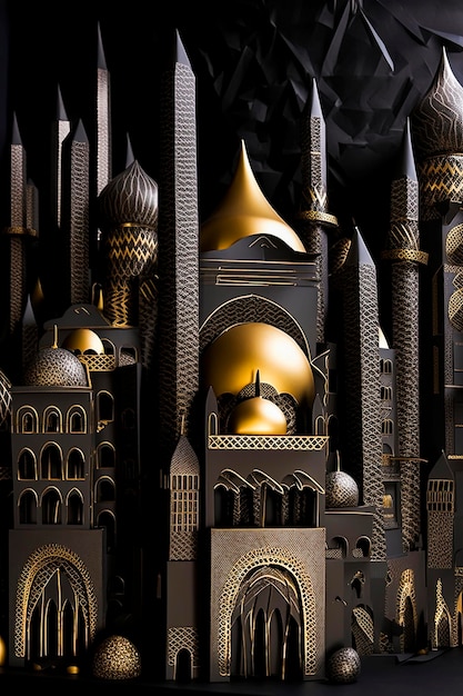 Generative AI illustration of Muslim are in the style of paper sculptures dark gray and gold with Byzantine inspiration