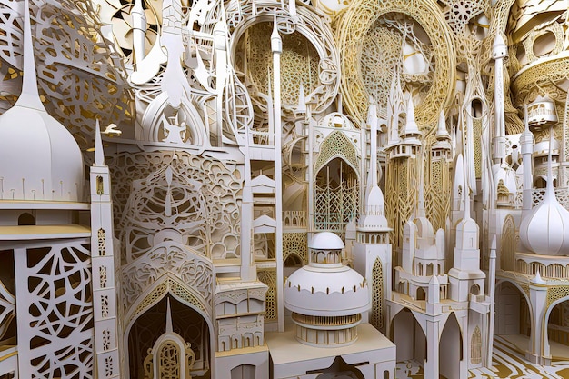 Generative AI illustration of Muslim are in the style of paper sculptures dark gray and gold with Byzantine inspiration