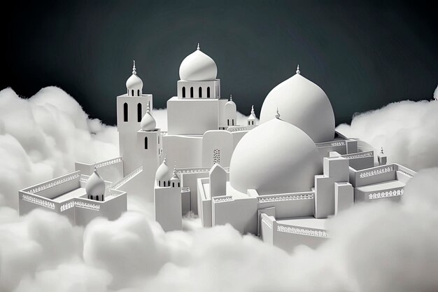 Generative AI illustration of Muslim City with many mosques floating in the sky surrounded by white clouds the Muslim paradise