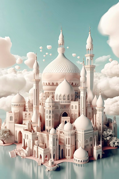Генерация ИИ-иллюстрации мусульманского города со множеством парящих в небе мечетей, окруженных белыми облаками, мусульманский рай