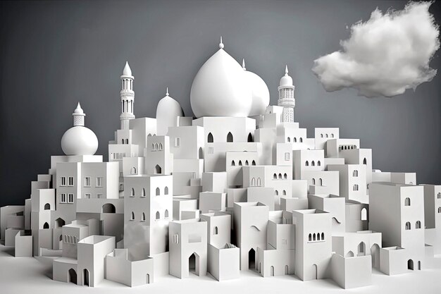 Generative AI illustration of Muslim City with many mosques floating in the sky surrounded by white clouds the Muslim paradise