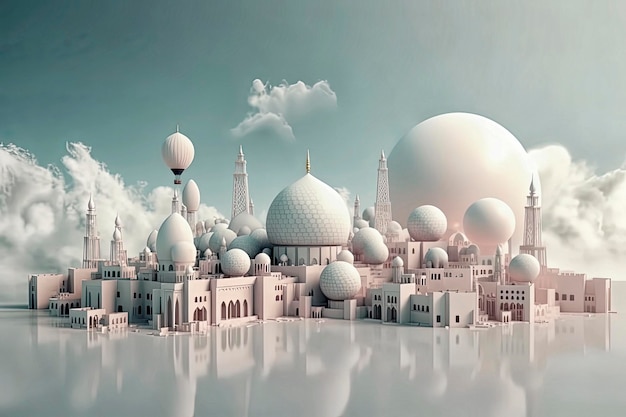 Generative AI illustration of Muslim City with many mosques floating in the sky surrounded by white clouds the Muslim paradise