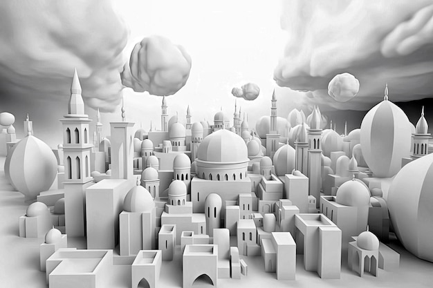 회교 낙원인 흰 구름으로 둘러싸인 하늘에 떠 있는 많은 모스크가 있는 이슬람 도시의 생성 AI 그림
