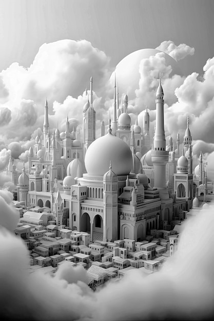 Generative AI illustration of Muslim City with many mosques floating in the sky surrounded by white clouds the Muslim paradise