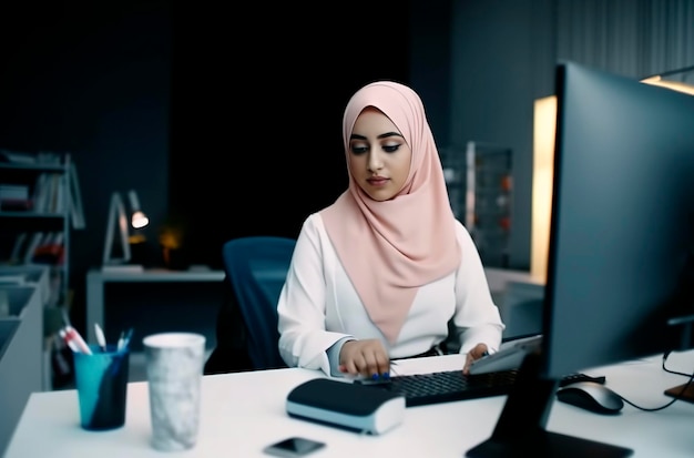 Generative AI illustration of Muslim young woman in hijab working in an office with a computer Working woman concept