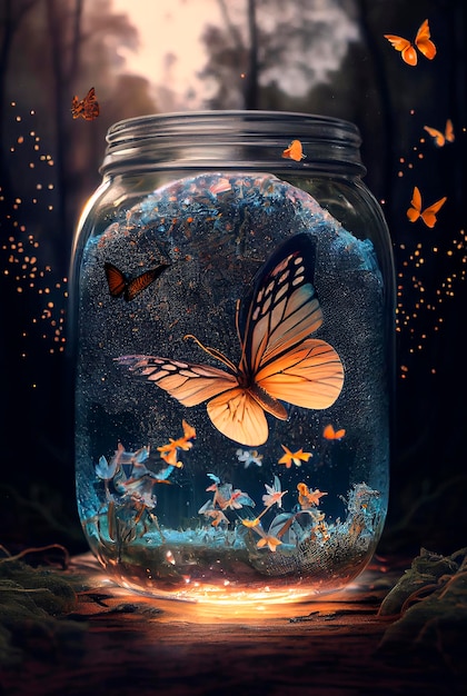 Generative AI illustration of Nature inside a glass jar with plants flowers water fish and butterflies