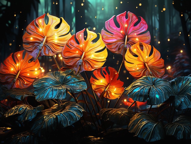 ネオン・モンステラ・デリシオサ (Neon Monstera Deliciosa) 熱帯雨林で育つ葉のイラスト・AI・ジェネレーション