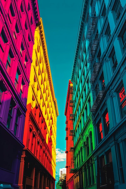 Генеративный AI-иллюстратор зданий Нью-Йорка, видимых снизу в ярких цветах