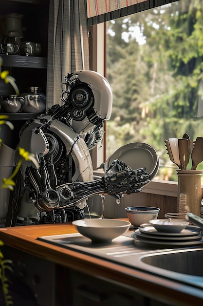 Foto illustrazione generativa dell'intelligenza artificiale dei piatti di pulizia dei robot ai di prossima generazione