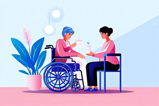 파스텔 색상의 건강 개념 디지털 아트로 벡터 일러스트레이션 스타일로 휠체어를 탄 노인 여성을 돌보는 간호사의 생성 AI 삽화