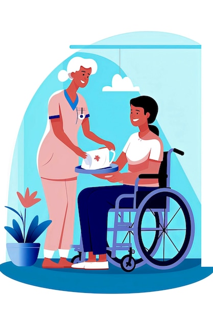 파스텔 색상의 건강 개념 디지털 아트로 벡터 일러스트레이션 스타일로 휠체어를 탄 노인 여성을 돌보는 간호사의 생성 AI 삽화