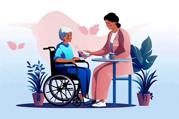 Generative AI illustration of nurse caring for elderly woman in wheelchair in vector illustration style with pastel colors health concept Digital art