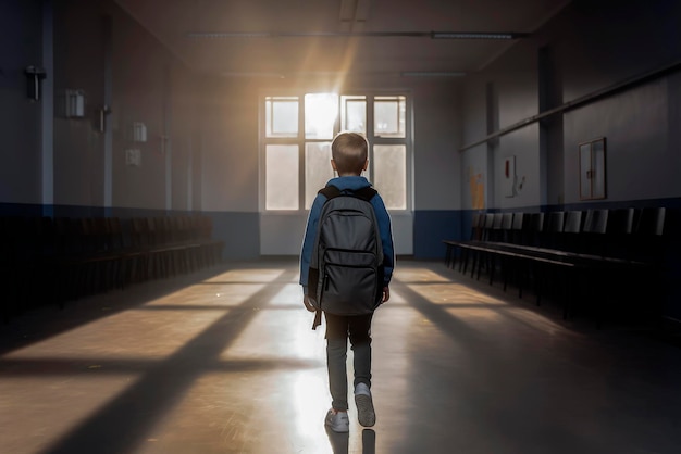 Фото Генеративный ai-иллюстратор мальчика в одиночестве и на спине с рюкзаком, входящего в школьный класс
