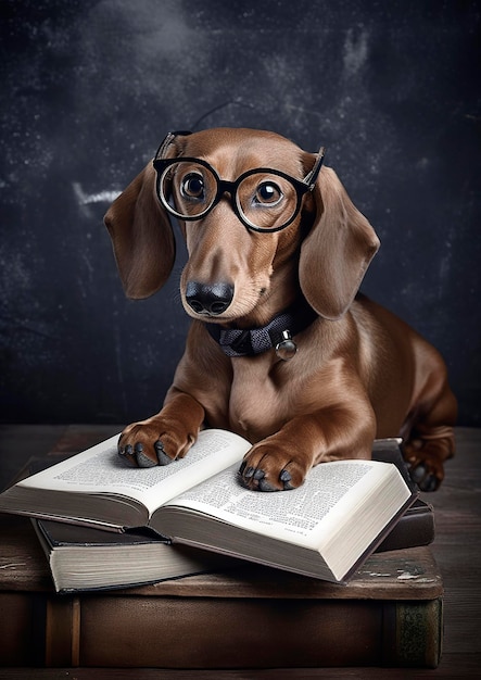 Фото Генеративный ии-иллюстратор милой собаки-таксы в очках и книги, обучающейся в школе