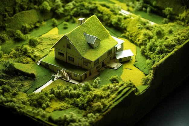 Фото Генеративная ии иллюстрация экологически чистого дома в зеленой среде, окруженной лесами устойчивое строительство