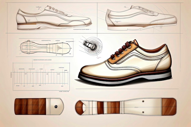 Фото Генеративная ии иллюстрация модной обуви технический лист с измерениями примечания красочные модные обуви