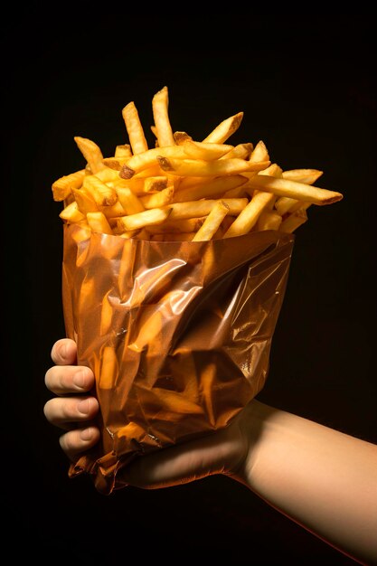 Фото Генеративная ии иллюстрация руки, держащей мешок вкусных картофеля фри