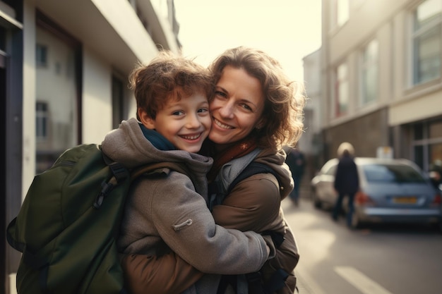 사진 행복한 어머니가 따뜻한 옷을 입고 도시 거리에서 아들을 포옹하는 형식의 인공지능 일러스트레이션