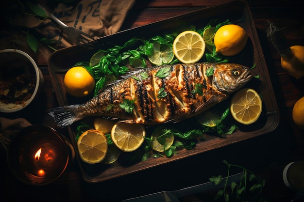 Фото Генеративная ии иллюстрация домашней вкусной свежей рыбы на гриле с лимонными помидорами и ароматическими травами здоровая еда