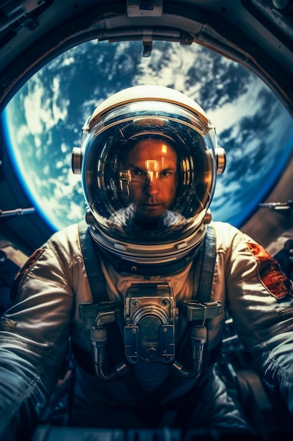 Фото Генеративная ai-иллюстрация портрета космонавта, смотрящего на планету земля через окно космического корабля. концепция космической навигации