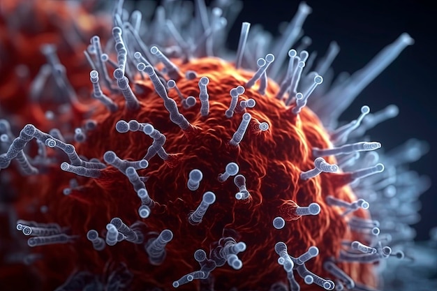 Фото Генеративный ai-иллюстратор вируса covid 19, видимый под электронным микроскопом с большим реализмом